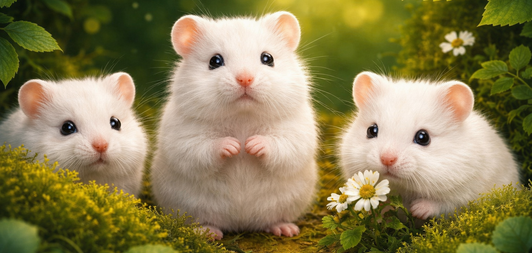 three cute white hamsters sitting on moss with flowers in a natural setting